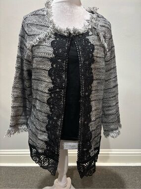 New Chico's Sz 2 L Gray Tweed Lace Fringed Fly Away Cardigan Sweater NWT